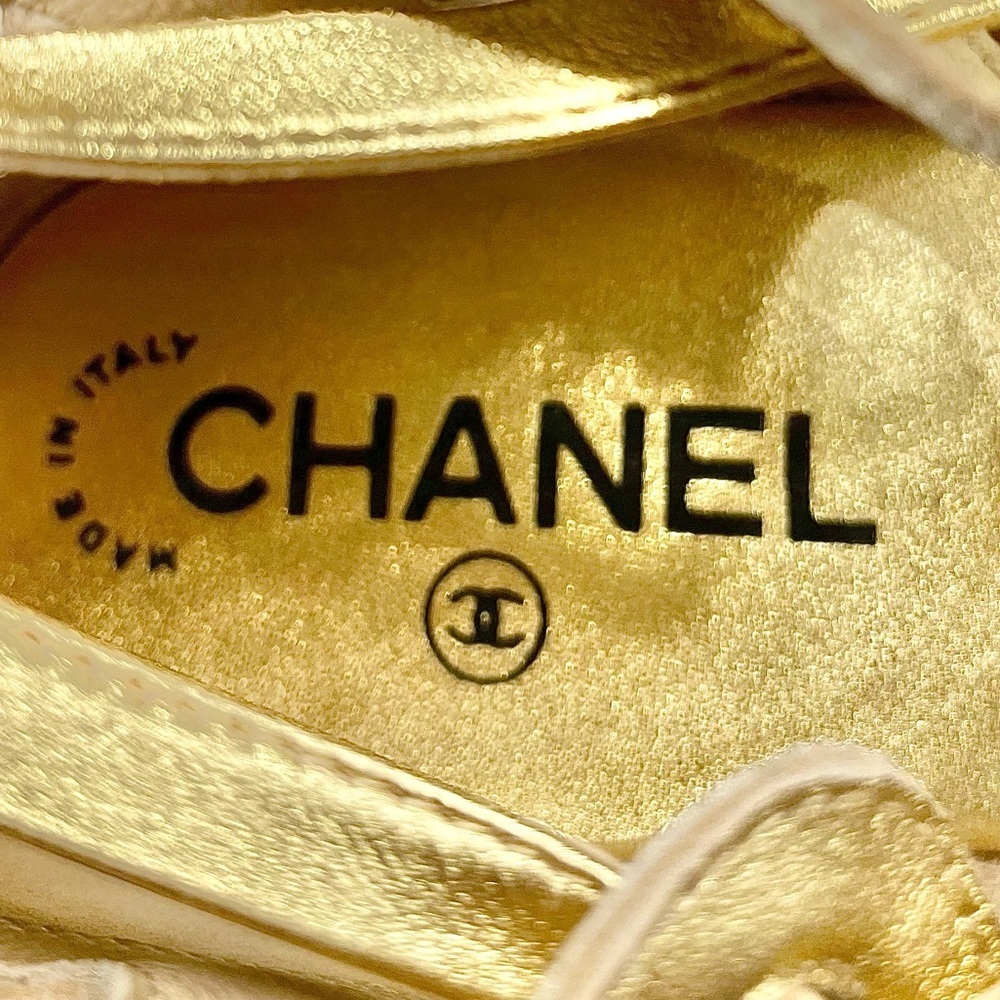 AUTH! CHANEL Metallic Gold Tall Tie Up Gladiator Flat Boot Sandals 36.5 - Picture 2 of 12
